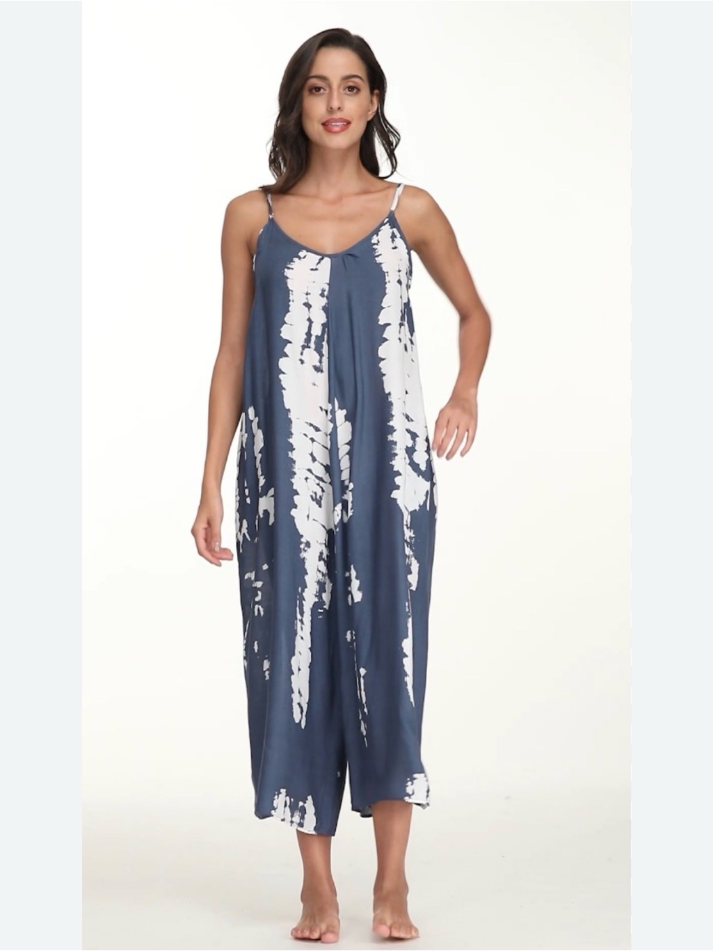 Buenos Nios Tie-Dye Maxi Slip Dress In Navy And White Rayon L